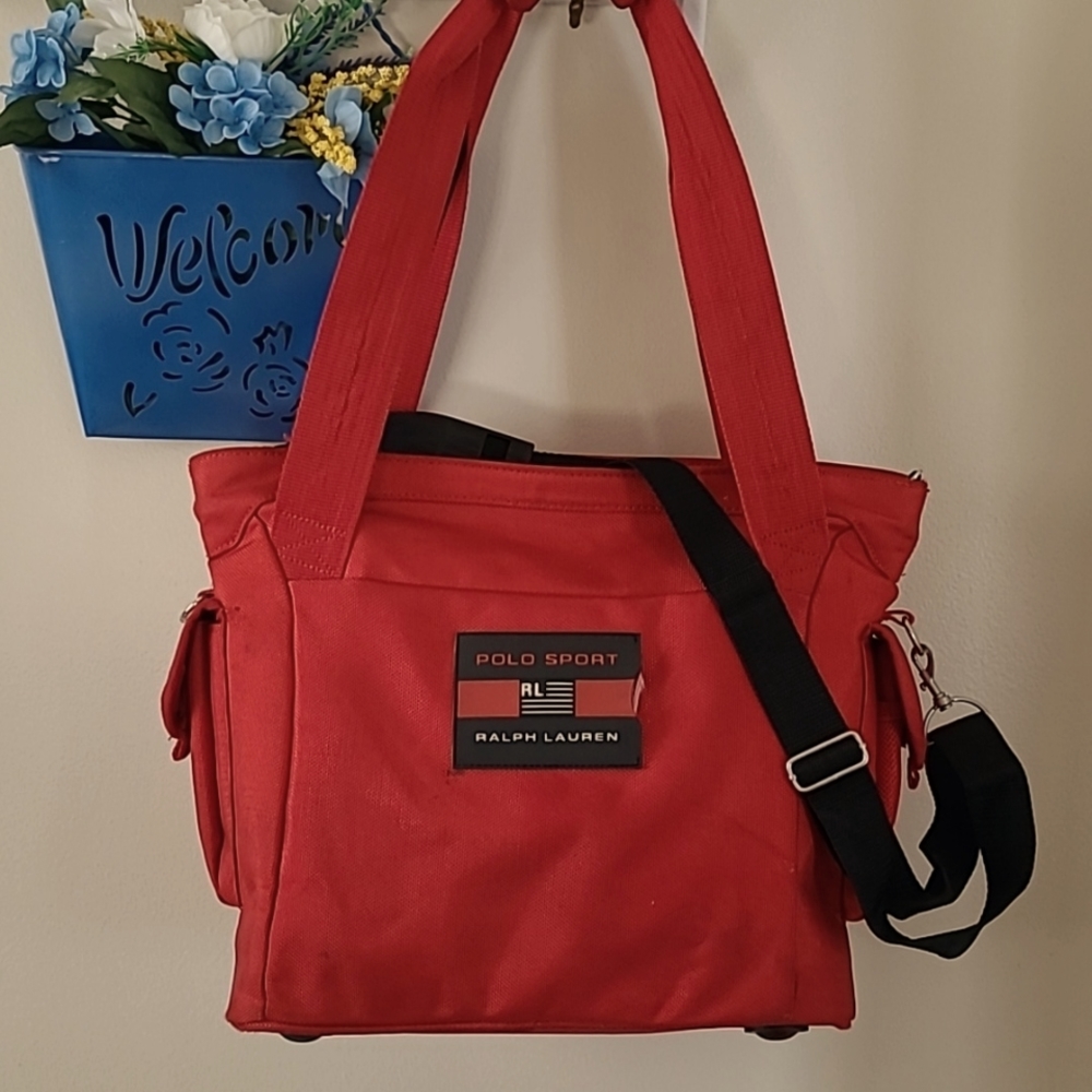 Ralph Lauren Polo Sport Red Black Canvas Nylon Travel Zipper Shoulder Strap Bag